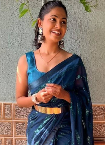 Party Wear Sequence Embroidery Teal Blue Saree With Blouse